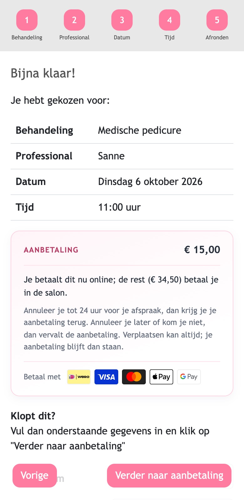 Het overzicht in de widget met de aanbetaling, het annuleringsbeleid en de betaalmethoden