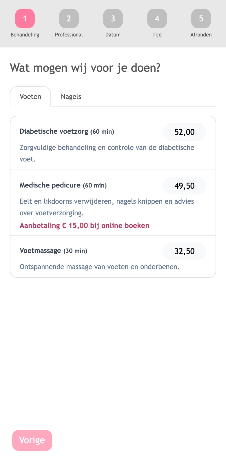 De afsprakenwidget met een aanbetaling bij de behandeling