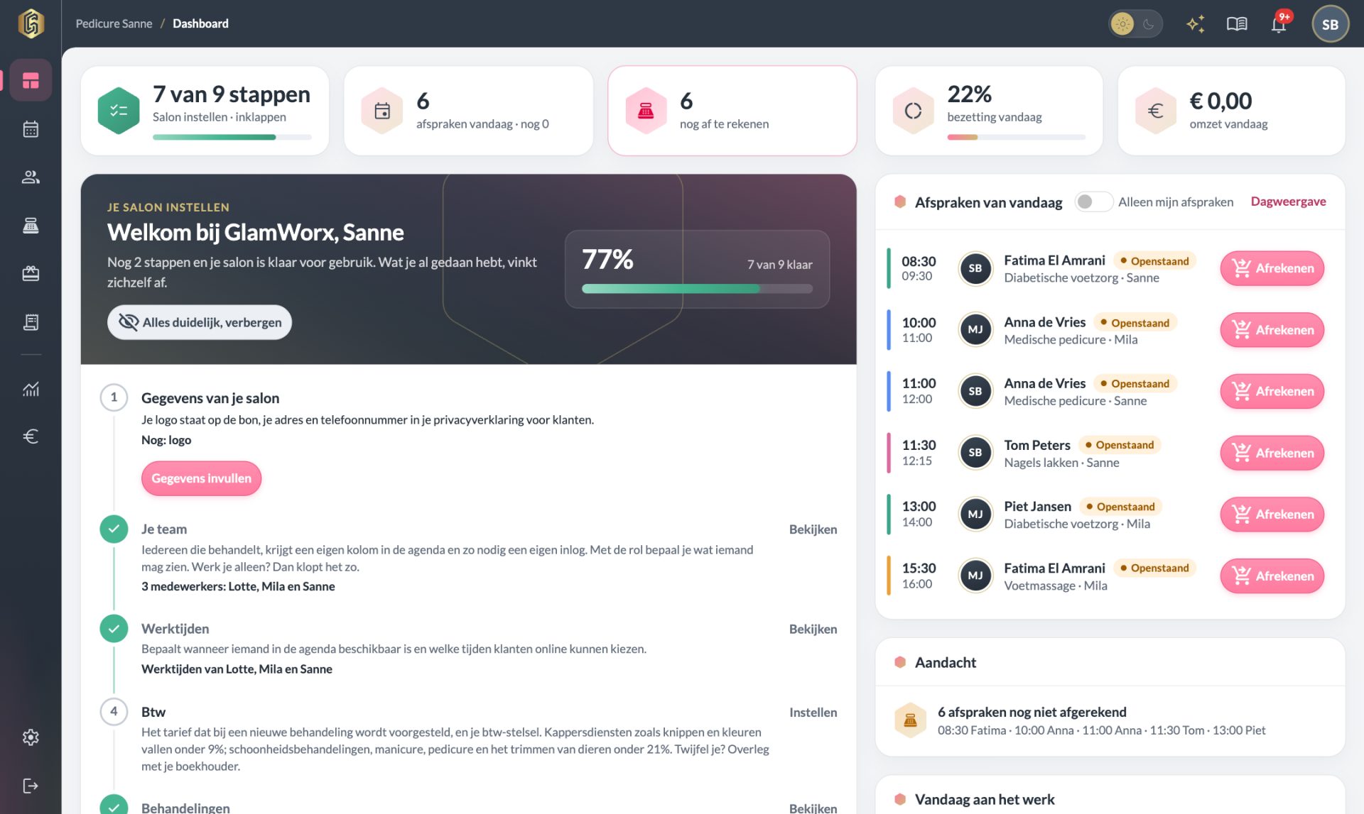 Het dashboard van GlamWorx met de checklist Aan de slag en de afspraken van vandaag