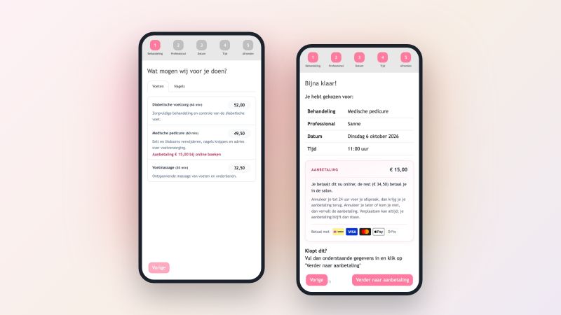 Twee telefoons met de afsprakenwidget: een behandeling met aanbetaling en het overzicht met de betaalmethoden