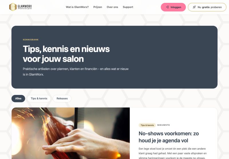 Het overzicht van de Kennisbank op glamworx.nl