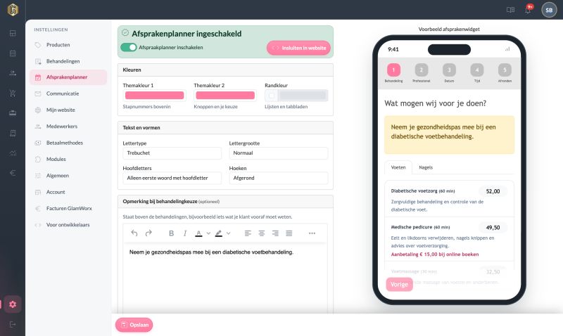 De instellingen van de Afsprakenplanner met kleuren, lettertype en hoeken, en rechts een voorbeeld van de widget op een telefoon